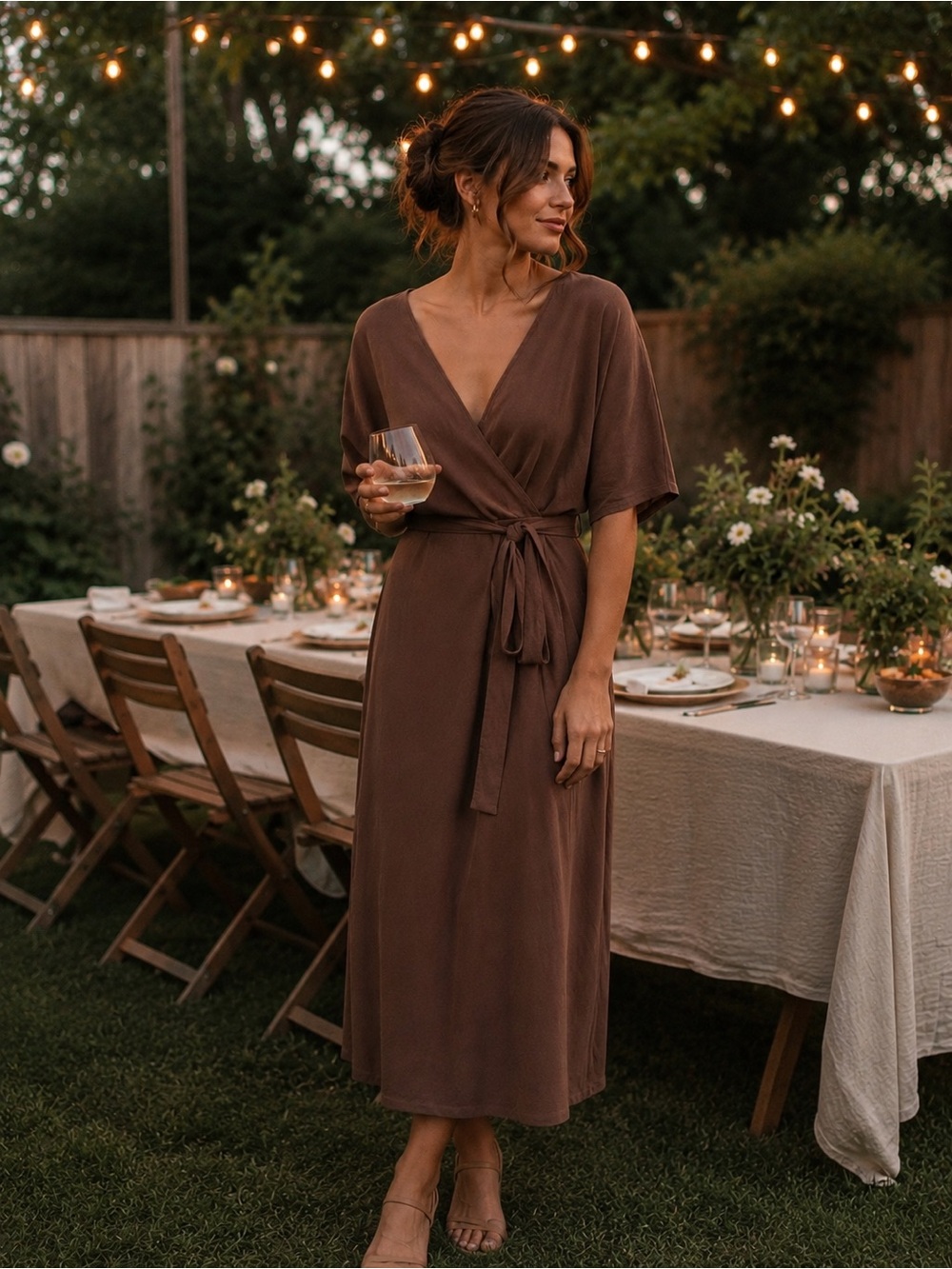 Dark Rose/Brown Midi Dress with Tie Waist - Picture 1 of 5